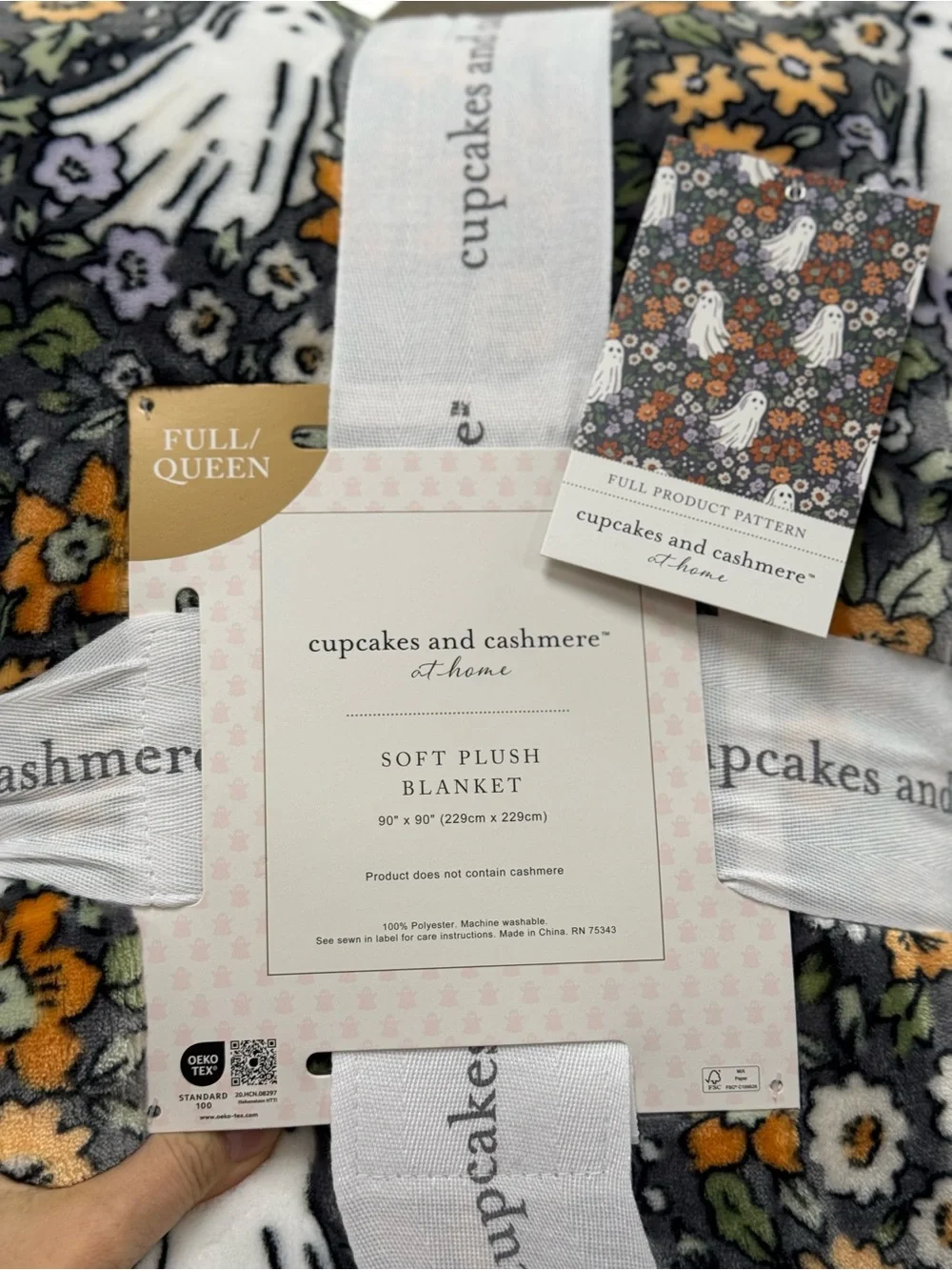 cupcakes & cashmere Gray Blanket with Orange and White Floral Ghosts